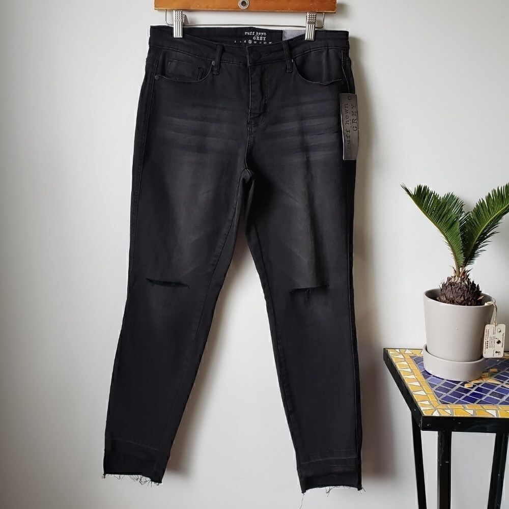 NWT RUFF HEWN BLACK GREY SLIT KNEE JEANS SZ 8